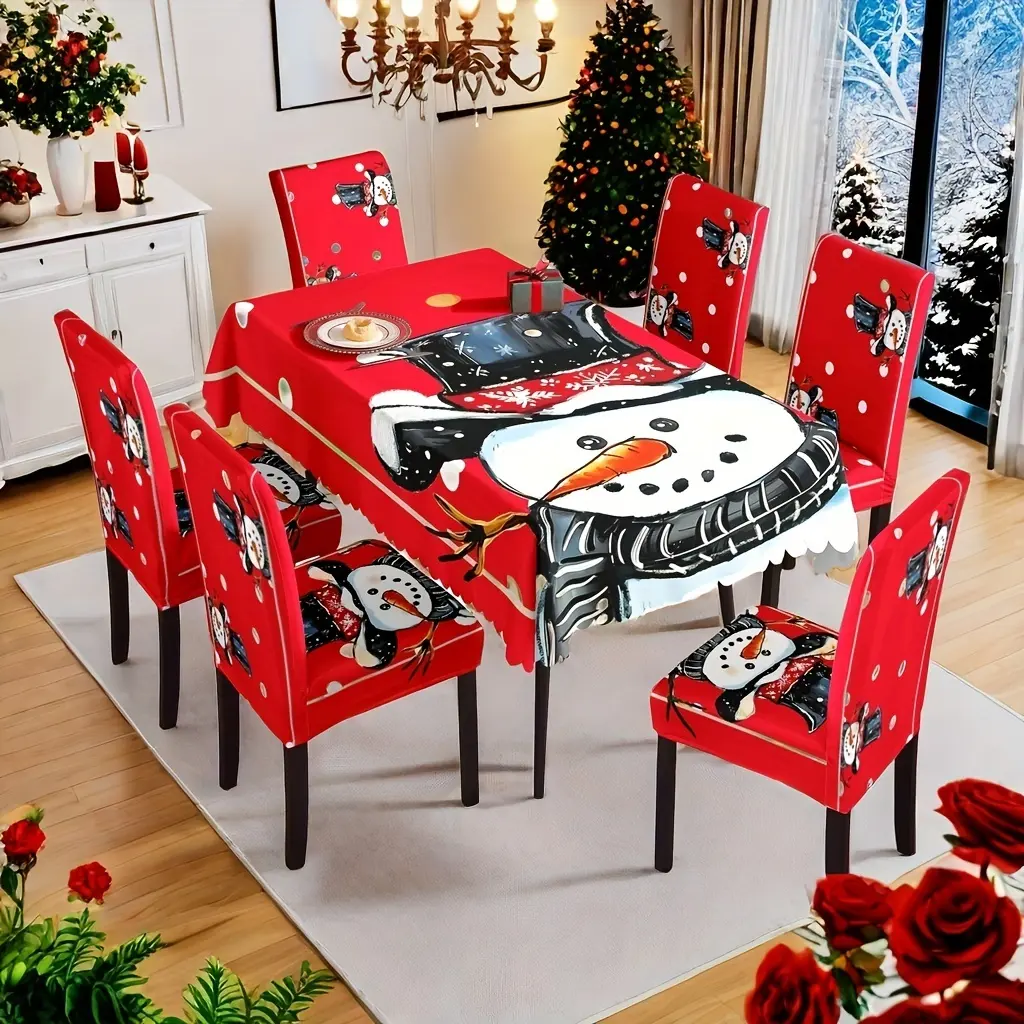 Red Snowman Christmas Tablecloth & Dining Chair Covers Set, Cute Xmas Snowflake Stretch Chair Slipcovers 5PC/7PC