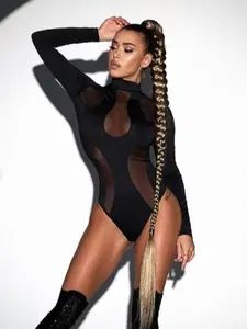 Lightweight Mesh Long Sleeve Bodysuit Slim Fit Daily Outfit