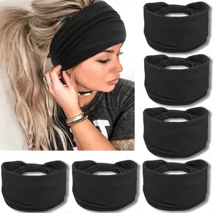 Women's Pure Black 6-piece Wide Knot Headband Anti slip Training Breathable Wide Knot Headband Gym Wrap Headband Gym Work Out and Exercise Quick Drying Minimalist Solid Color Wide Knot Headband for Women