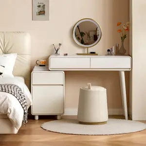 Extendable Makeup Vanity Desk, Solid Rubber Wood Dressing Table with Cabinet, Makeup Desk and Vanity Table for Bedroom, White, No Chair and No Mirror