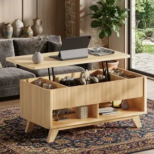 Retro Mid Century Rising Pull Up Coffee Table, 47.2 Inch Oak Fluted Design Center Table, Hydraulic Lift Top Table With Hidden Storage For Home Indoor Office Daily Use