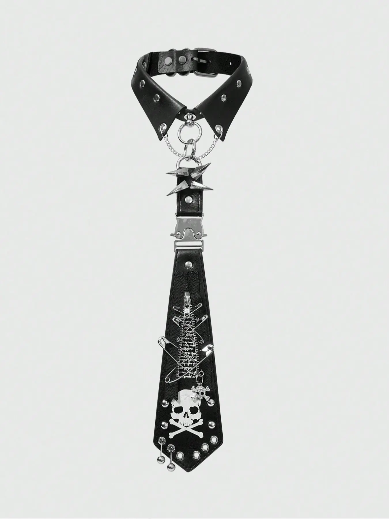 Y2K Punk Style Vintage Rivet Zipper Metal Skull Letter Print Unisex Tie Design Regular Width, Gothic Dark Accessory All Seasons Use, Unique Personalized Decoration Striking Visual Appeal, Bold Print Splicing Production Technique