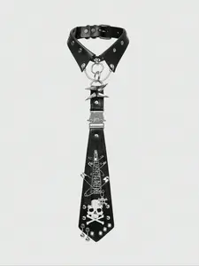 Y2K Punk Style Rivet Zipper Metal Skull Letter Print Unisex Tie, Gothic Dark Accessory, Unique Personalized Decoration, Bold Print