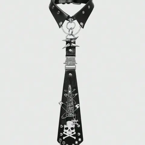 Y2K Punk Style Vintage Rivet Zipper Metal Skull Letter Print Unisex Tie Design Regular Width, Gothic Dark Accessory All Seasons Use, Unique Personalized Decoration Striking Visual Appeal, Bold Print Splicing Production Technique