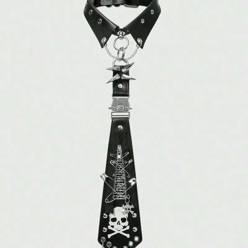 Y2K Punk Style Vintage Rivet Zipper Metal Skull Letter Print Unisex Tie Design Regular Width, Gothic Dark Accessory All Seasons Use, Unique Personalized Decoration Striking Visual Appeal, Bold Print Splicing Production Technique