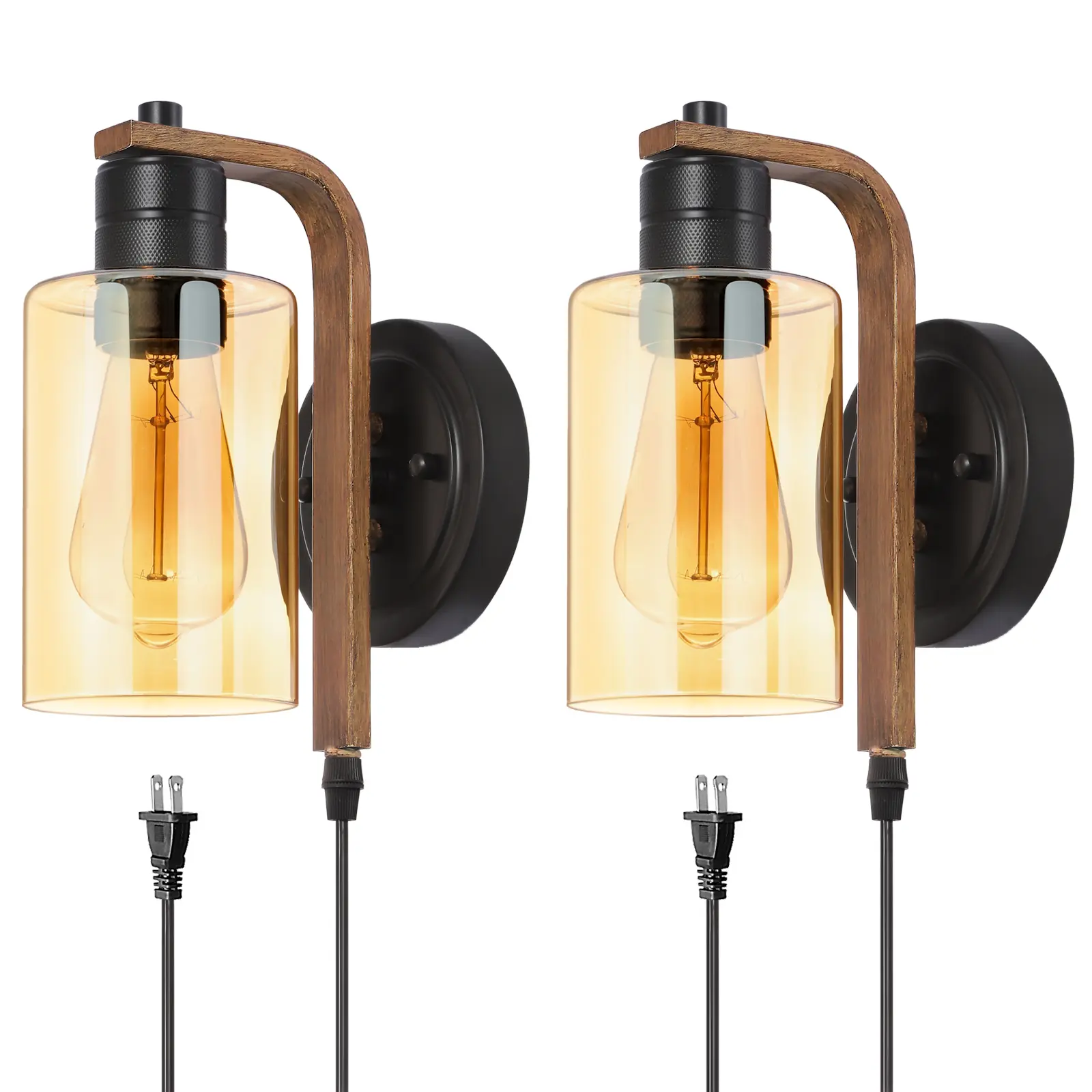 Plug in Wall Sconces Set of Two with Touch Switch Vintage Dimmable Plug in Wall Lights Fixtures with Amber Glass Wall Mounted Bedside Lamps for Bedroom Nightstand Headboard Reading Living Room