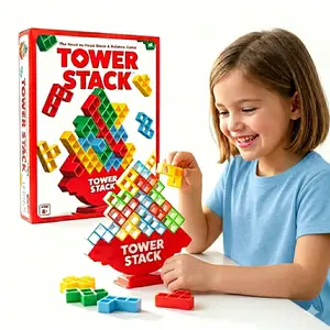 Tower Stack Balance Game - Head-to-Head Stacking Tower Board Game for Family Party, Interactive 2-Player Strategy Table Game for Adults & Kids, Includes 32 Building Blocks, 44 Cards & Stand