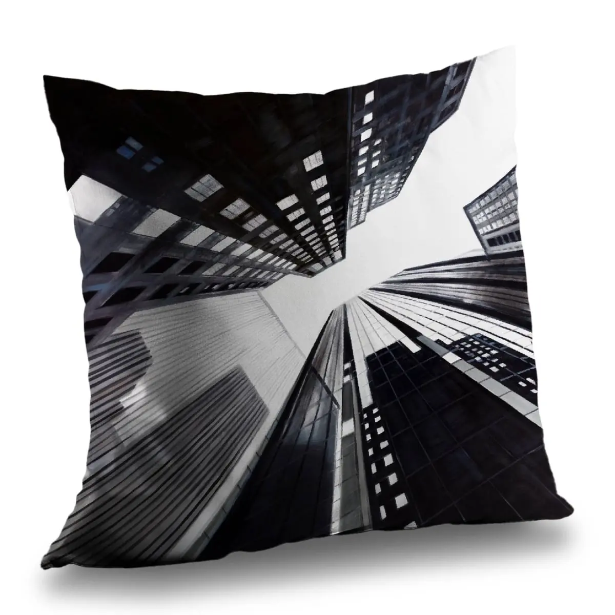 14x14 in. Poly Twill Cityscape Architecture Throw Pillow - 360 Stand, Low-Angle Urban Skyline Print, Modern Living Room Accent, Soft Textile Home Furnishing, Interior Design, Low-Angle View