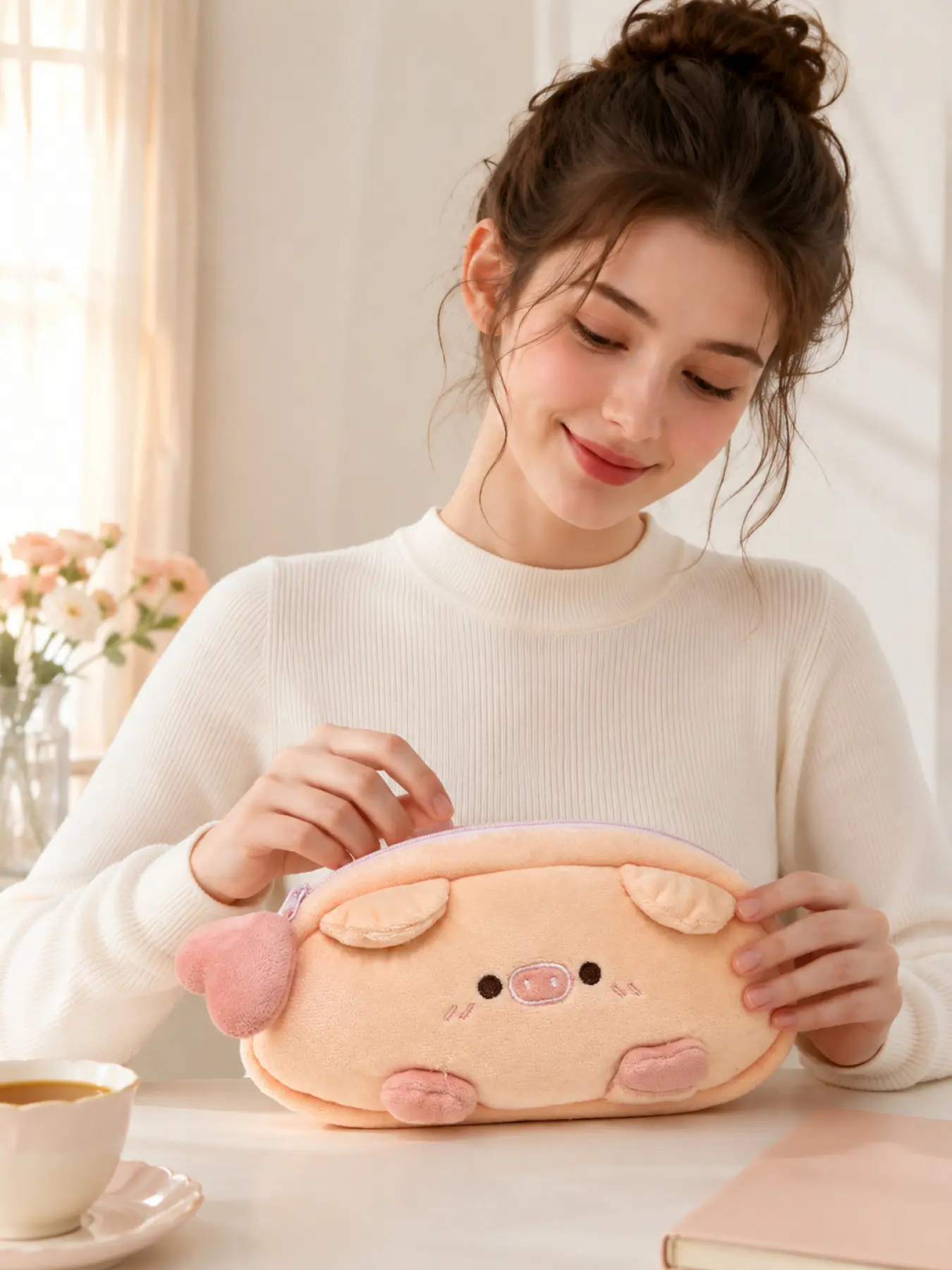 Kawaii Pig Pencil Pouch Plush Cosmetic Bag For Teen Girls Women, Cute Pink Makeup Organizer With Large Capacity Storage For Pens Cosmetics Travel Essentials, Soft Cartoon Zipper Pouch For School Office Dorm, Perfect Gift For Mom Wife Girlfriend Holiday S