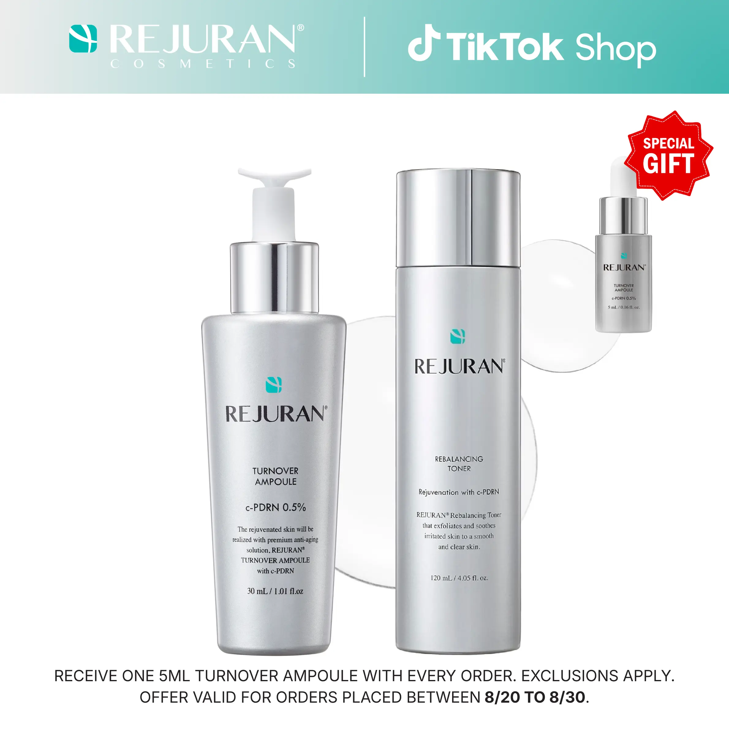 REJURAN Turnover Ampoule 1.01 fl oz & Rebalancing Toner 4.05 fl oz - c-PDRN - Anti-Aging Face Serum for Firmness, Radiance - Hydrating Soothing Facial Toner Improve Skin Texture Korean Skin Care
