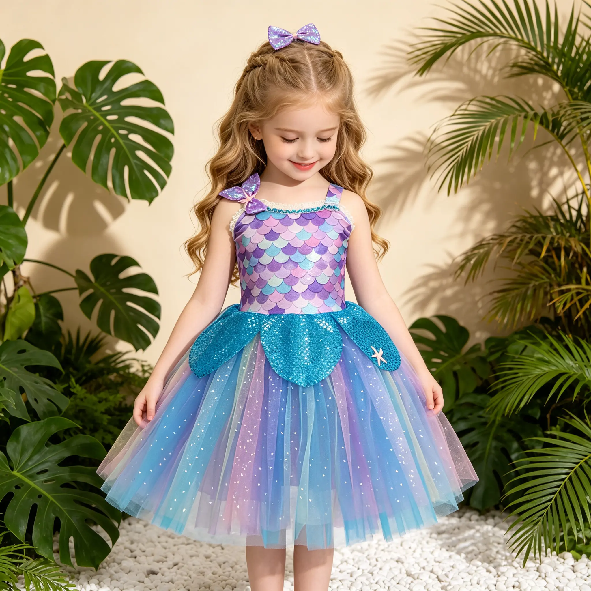 Girls Mermaid Princess Dress, Sparkly Sequin Scale Print Tulle Tutu Dress, Sleeveless Layered Glitter Mesh Costume Outfit for Birthday Party Halloween Cosplay Holiday Photo Shoot