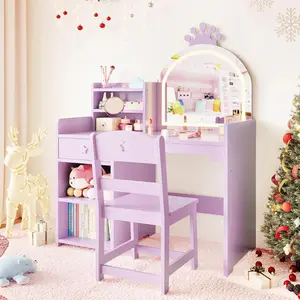 Gaomon Princess Theme 2-in-1 Wood Makeup Vanity Set with LED Mirror, Makeup Desk, Chair, Open Bookshelf, Storage Cabinet, 4 Shelves, Lights & Quick Setup for Little Girls, Purple