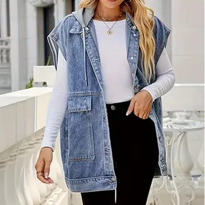 Denim Hooded Vest | Long + Sleeveless + Large Pockets | Casual Streetwear Chic Women's Wear