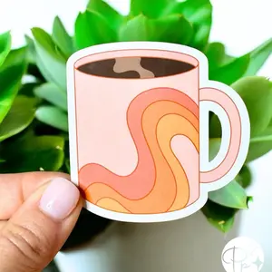 Retro Coffee Mug Sticker 2.5” x 2.5”, Holographic or Clear Glossy