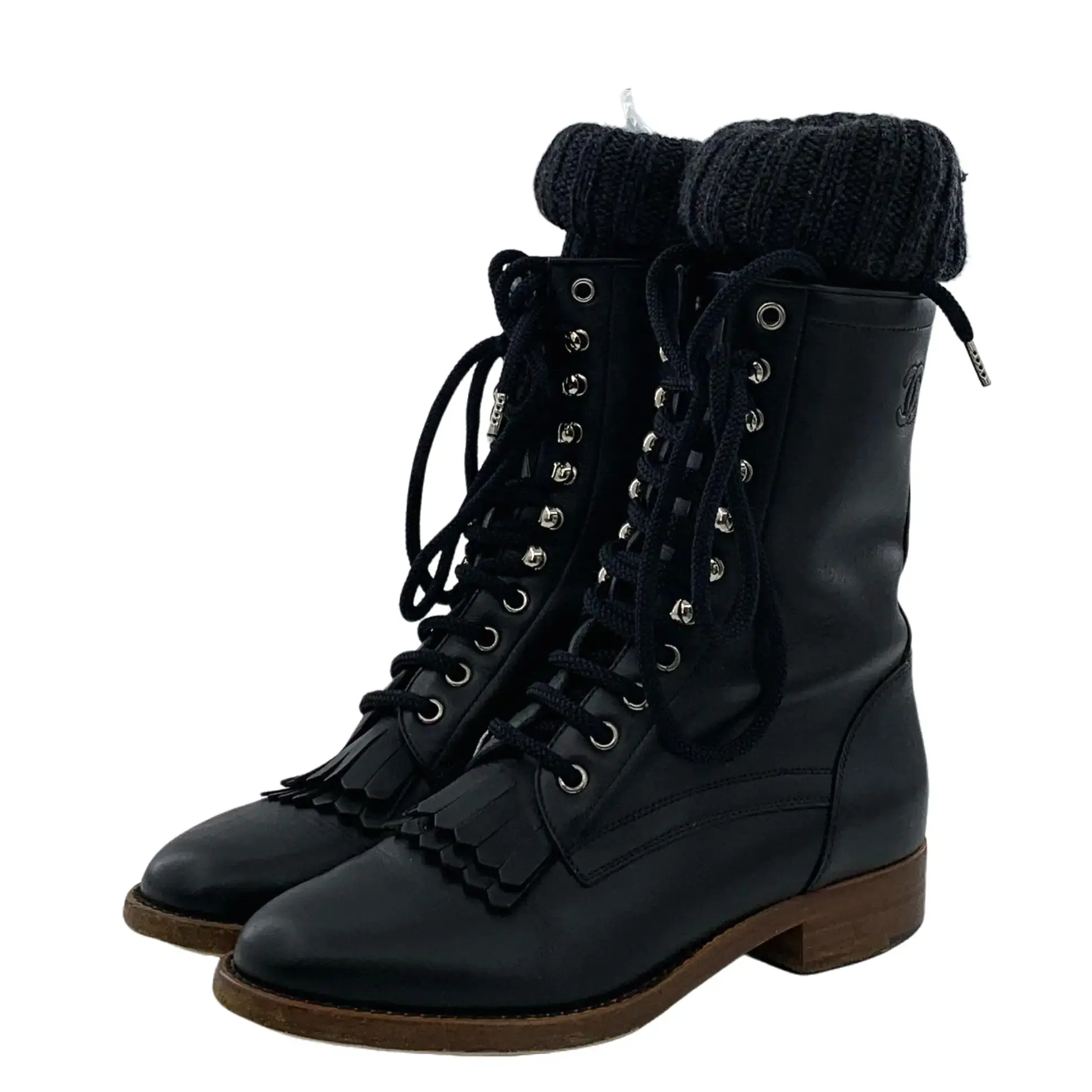 RDLT-Chanel size 38 black round‑head leather tassel double C logo lace‑up casual flat ankle boots-X35879