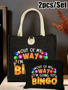 Bingo Theme Letter Printed Handbag & Wallet Set, Large Capacity Ladies Shoulder Bag, Multi-Functional Cloth Pouch, Perfect Gift for Holidays