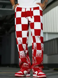 Men's Chessboard Gradient Wide Leg Pants, Drawstring Waist High Street Style Straight Casual Long Pants, Casual Streetwear Pants, Casual Fashion Bottoms