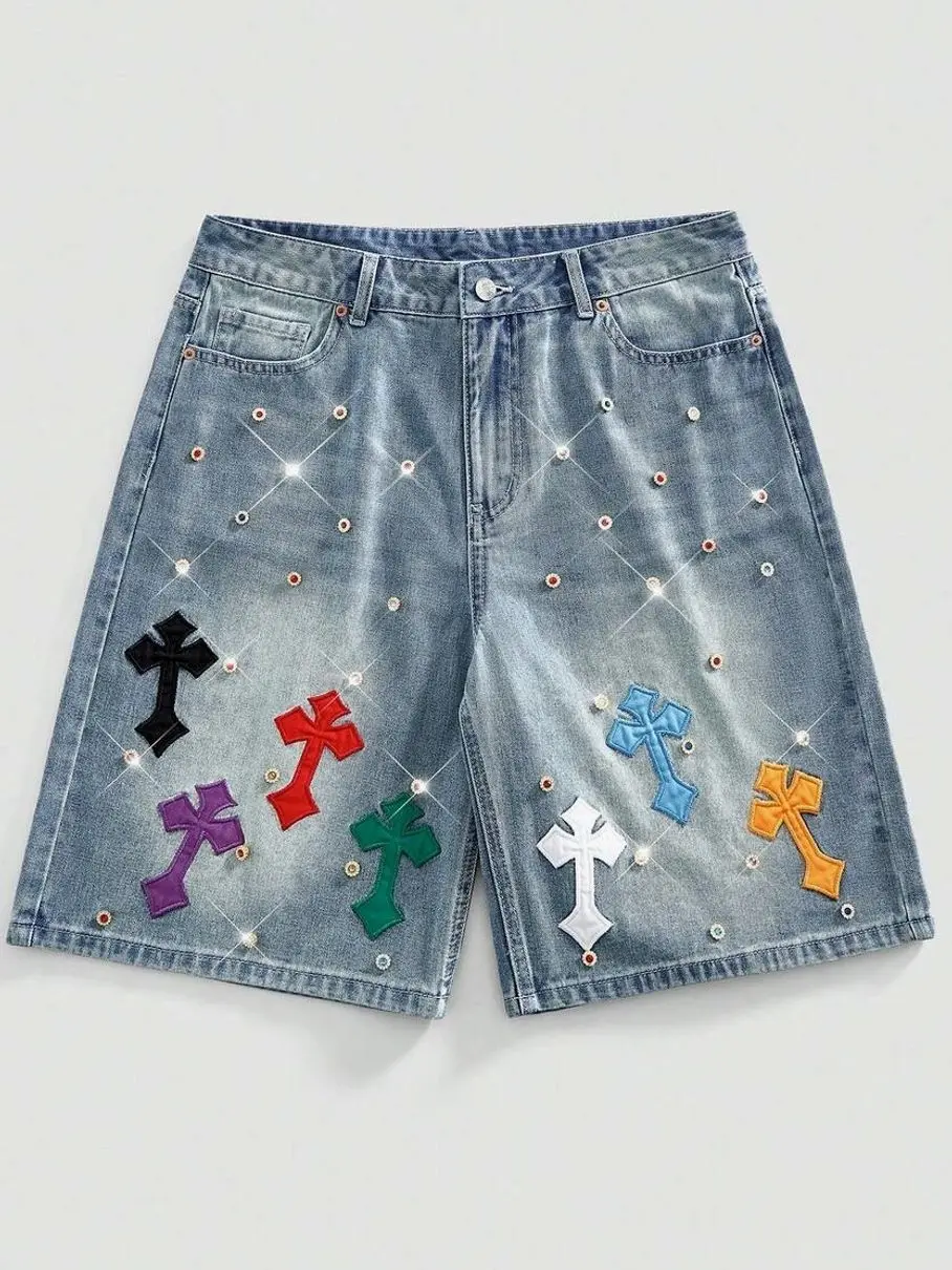 Men shorts - Men's Rhinestone Cross Denim Shorts, Distressed Embroidered Jean Shorts Streetwear Summer Outfits summer clothing trending clothing trending clothes male clothing summer clothes shorts for the summer summer men clothes streetwear clothing