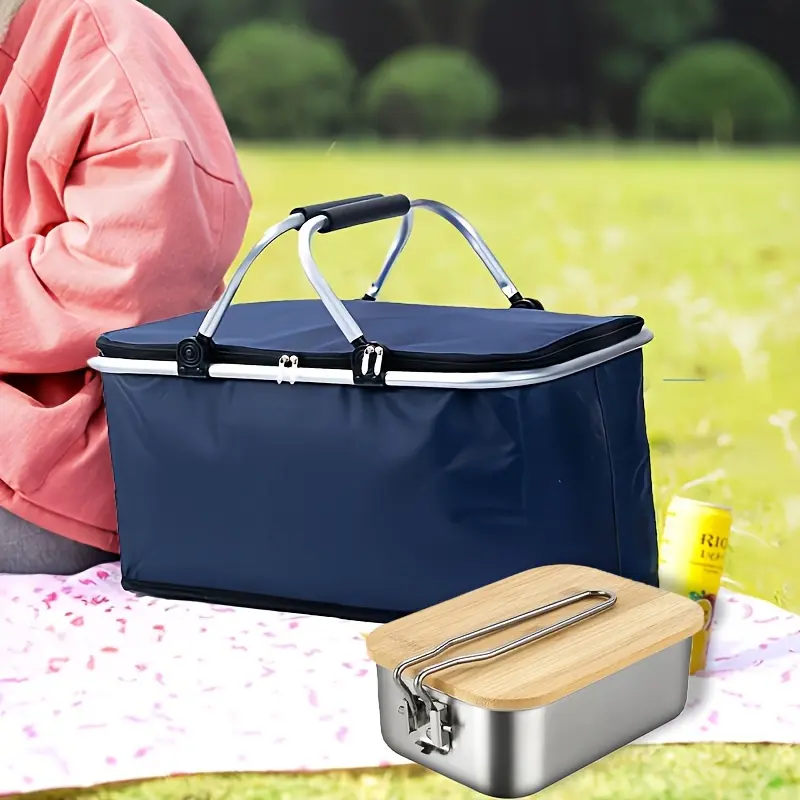 Foldable Insulated Oxford Cloth Picnic Basket & Lunch Bag - Portable Food Carrier with Ice Pack Compartment, Bento Box Holder for Hiking, Light Outdoor Activities, Office (No Coating, Non-Food Direct Contact)