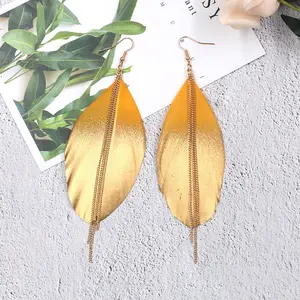 Gold Feather Chain Earrings with gold string