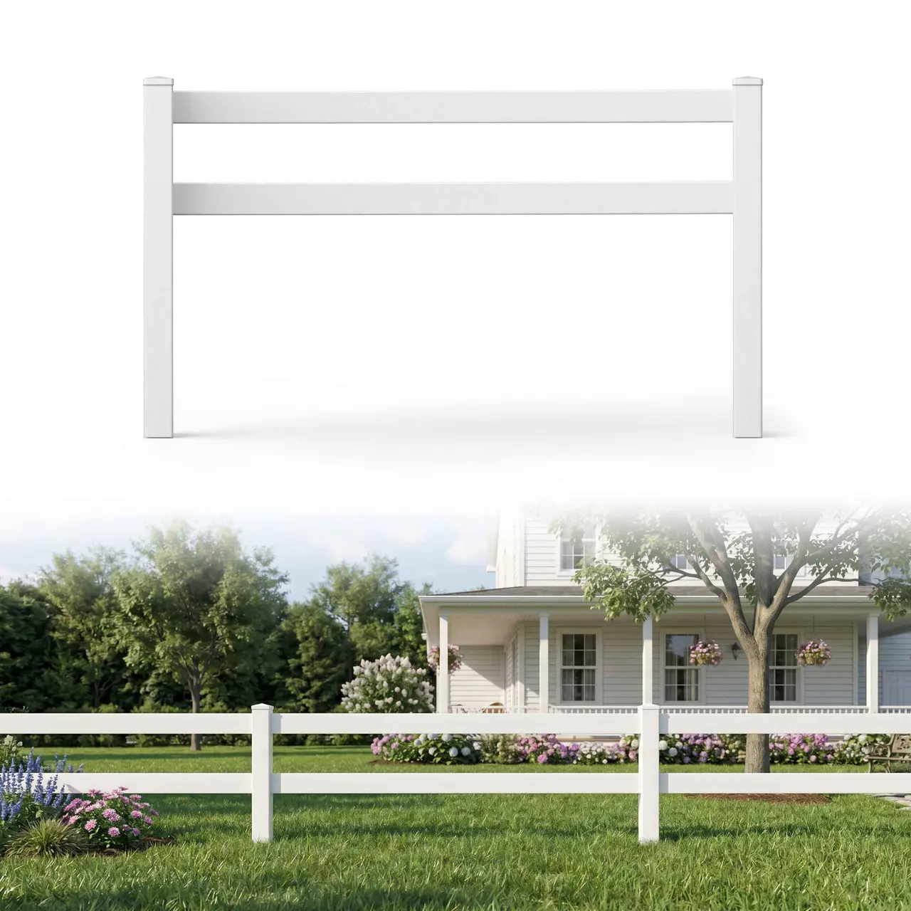 Fencer Wire 2-Rail Vinyl Ranch Fence Kit, 3ft H x 8ft W, White PVC Fence System with 5ft Line Posts & 8ft Rails, UV-Resistant, Easy Installation, Durable Outdoor Fencing for Ranch, Yard & Farm
