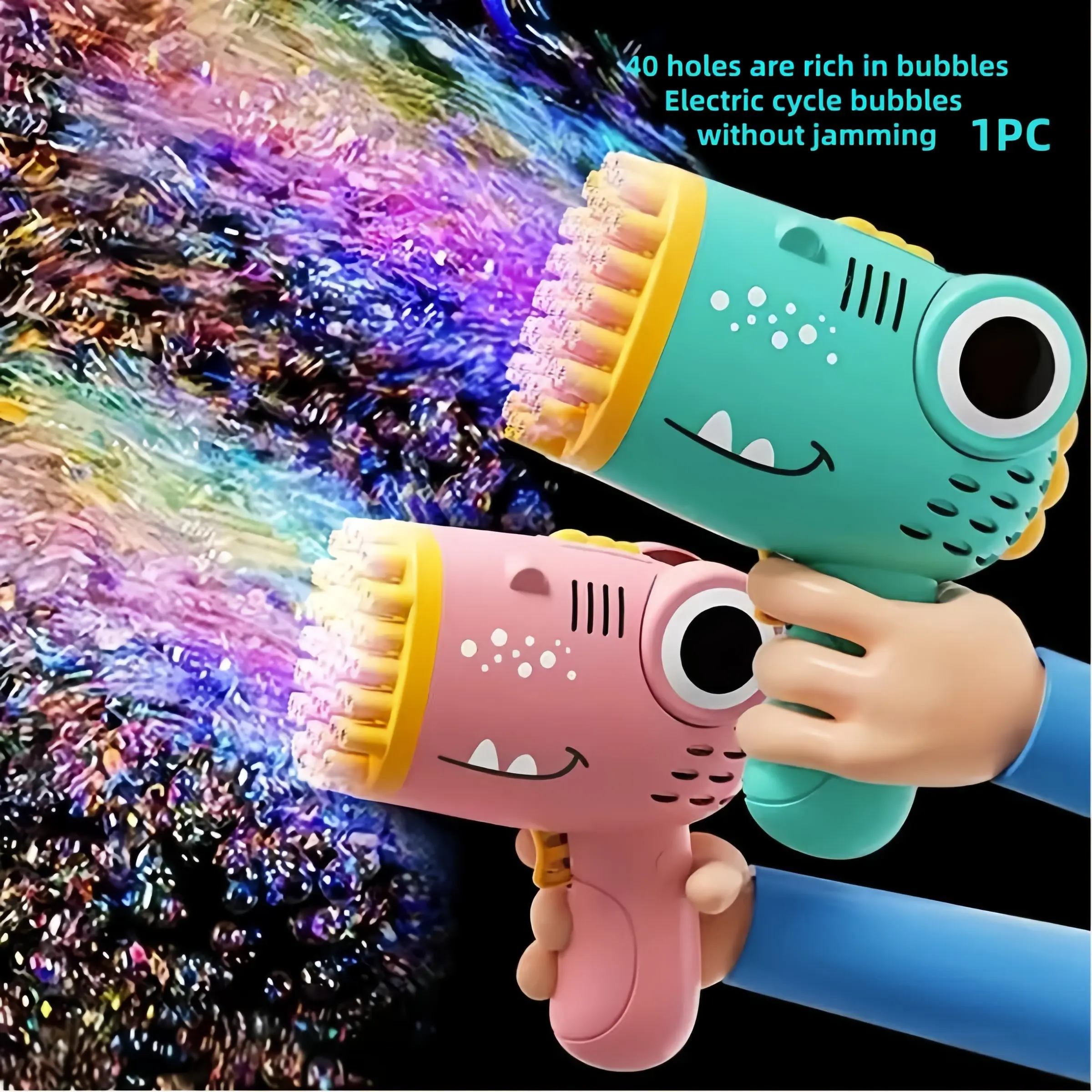 40-Hole Dinosaur Bubble Machine, Automatic Handheld Gatling Bubble Blower, 60ML Bubble Liquid, Kids' Party Toy, No Batteries Included, Bubble Maker