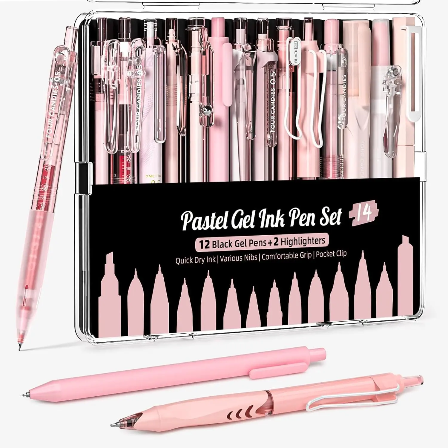 Writing Ink Pens with Black &  Ink and 2Pack Highlighter, Cute Retractable 0.5mm Smooth Writing Pens, Pens for School, Office Girly Stationery Aesthetic Desk Accessories Set of 14