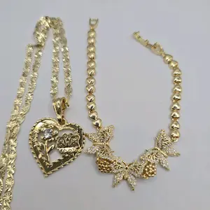 Butterflies with heart's  bracelet heart chain set  beautiful style with stone's gold-plated 7½ inches