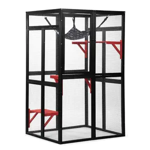 COZIWOW Outdoor Wooden Cat House Enclosure with Window Access, 3 Spacious Platforms, Weatherproof Wood, 39.4 x 33.3 x 63.8 Inches