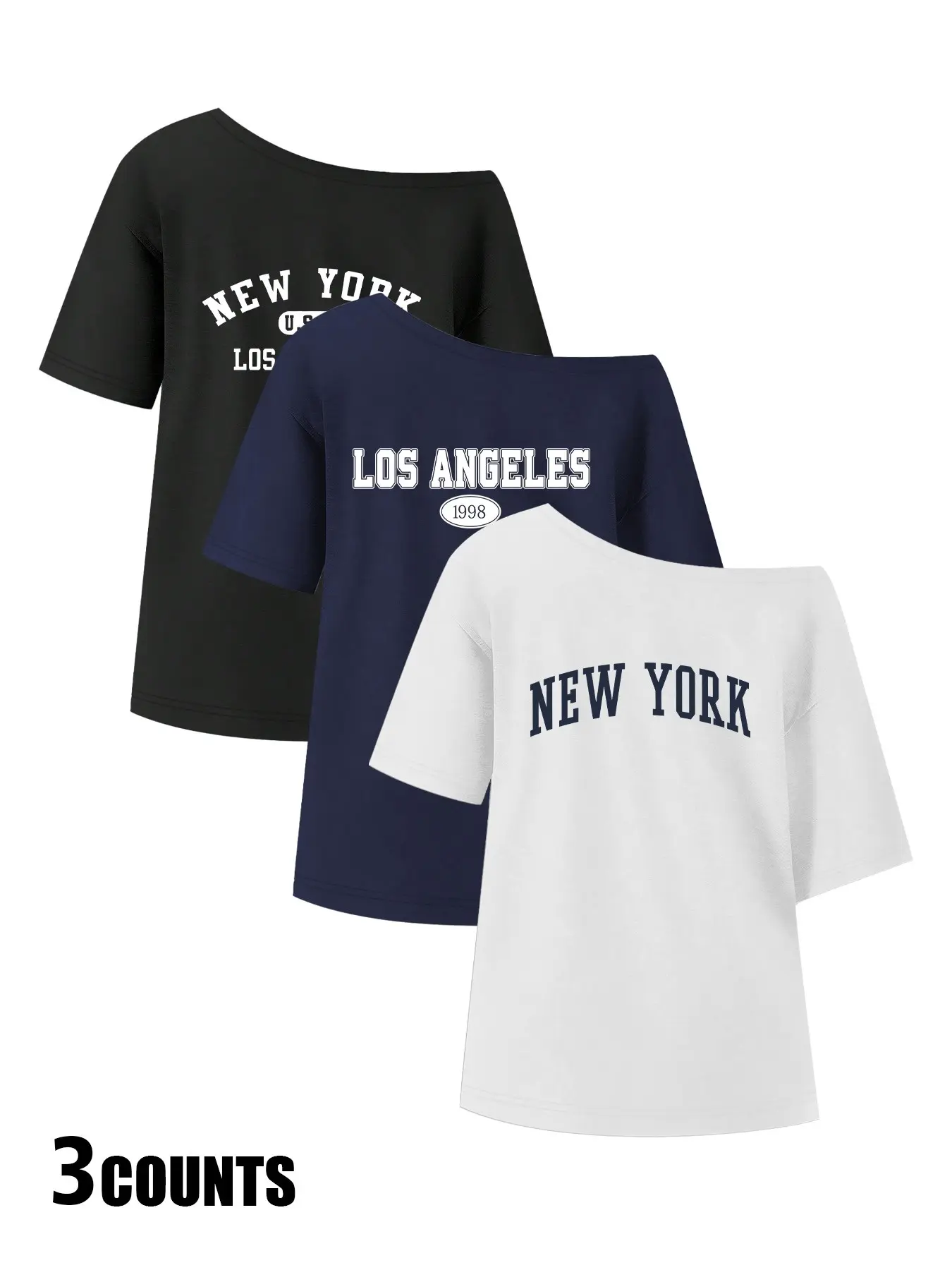Women's Casual Commuter Loose Fitting off Shoulder T-Shirt Pack of 3, Breathable Soft Fabric with Graphic Nyc La Print, Trendy Summer Tops for Leisure Outings, Casual Fashion Tee
