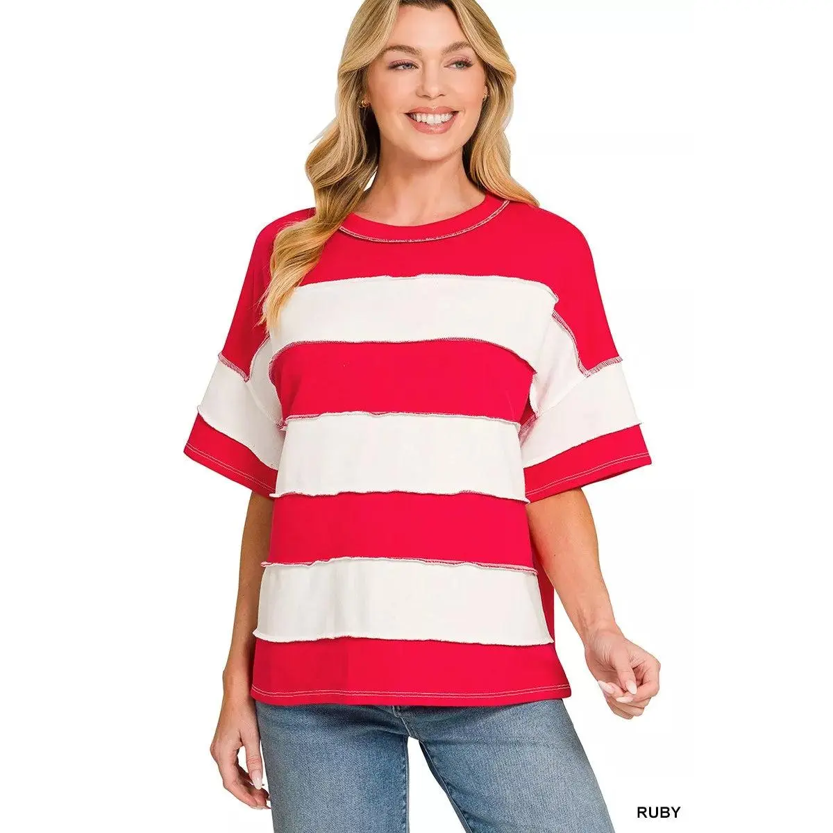 Zenana French Terry Striped Exposed Seam Top