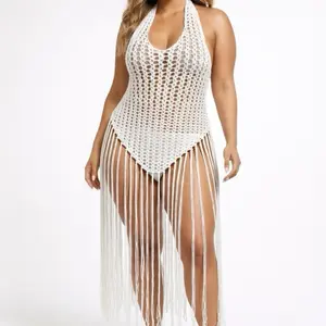 Island Fringe Crochet Beach Cover-Up - White Halter Top with Tassel Hem for Summer Beachwear