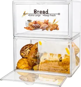 2 count Large Bread Box for Countertop, Stackable Double Layer Storage Container, Clear Boxes for Kitchen Counter, Bread Keeper for Homemade Bagel, Muffins, Rolls