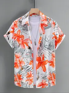 Men's Floral Print Short Sleeve Shirt, Casual Rolled Sleeve, Casual Half Sleeve, Regular Fit Casual Button Front Top for Summer, Fashion Men's Clothes for Beach Vacation, Menswear