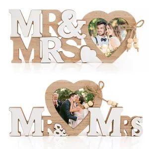 Wedding Wooden Ornaments Mr & Mrs Love Heart Photo Frame for Wedding Engagement Decor Home Table Decoration Valentine's Day Gift