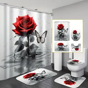 Rose & Butterfly Pattern Bathroom Decor Set, 4 Counts/set Including 1 Shower Curtain, 1 Toilet Lid Cover, 1 Rectangular Mat, 1 U-shaped Mat, Bathroom Accessories
