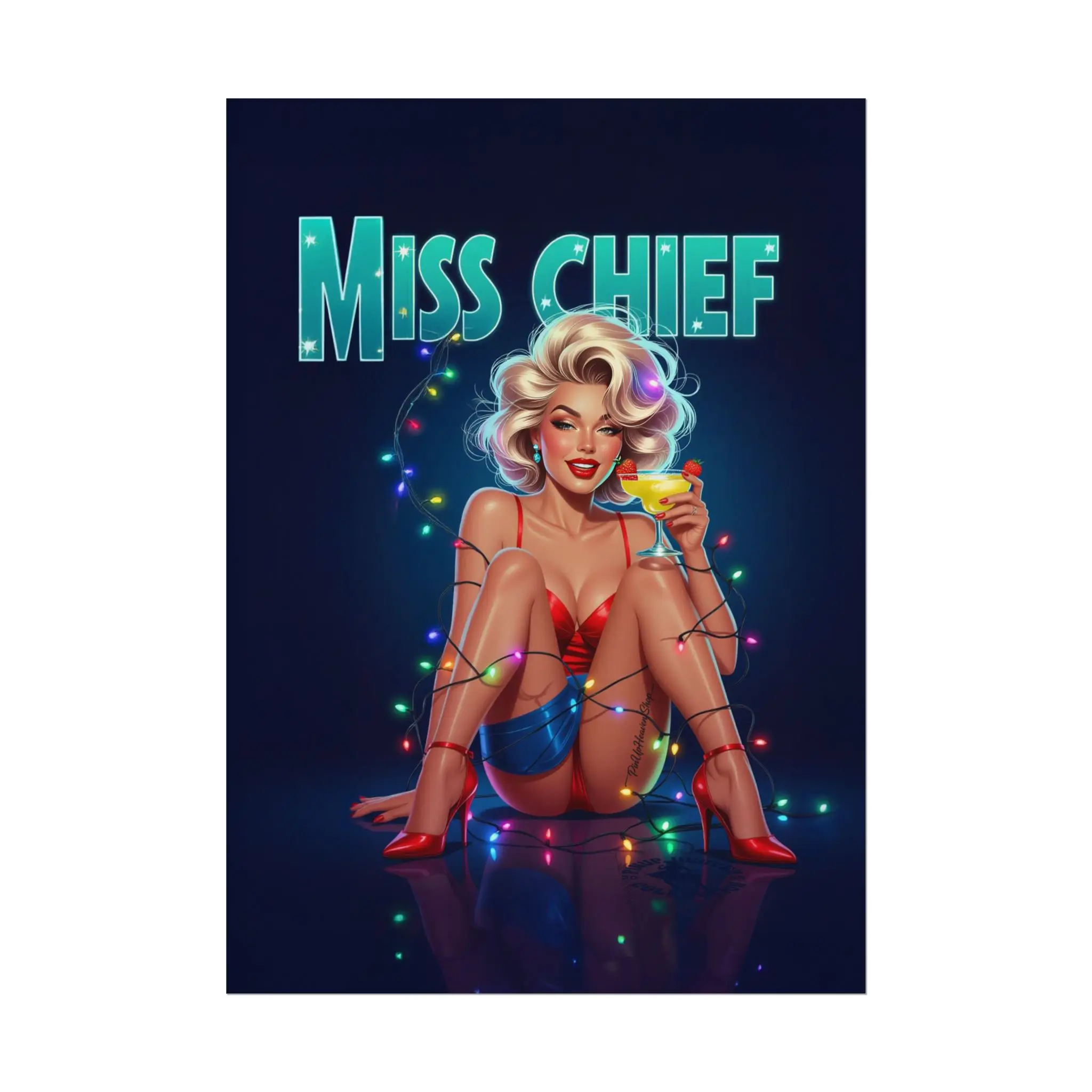 Miss Chief Vintage PinUp Poster, Retro Glam Pin-Up Girl, Holiday Cocktail Mancave Wall Art, Classic 1950s Style Print, Pin Up Heaven