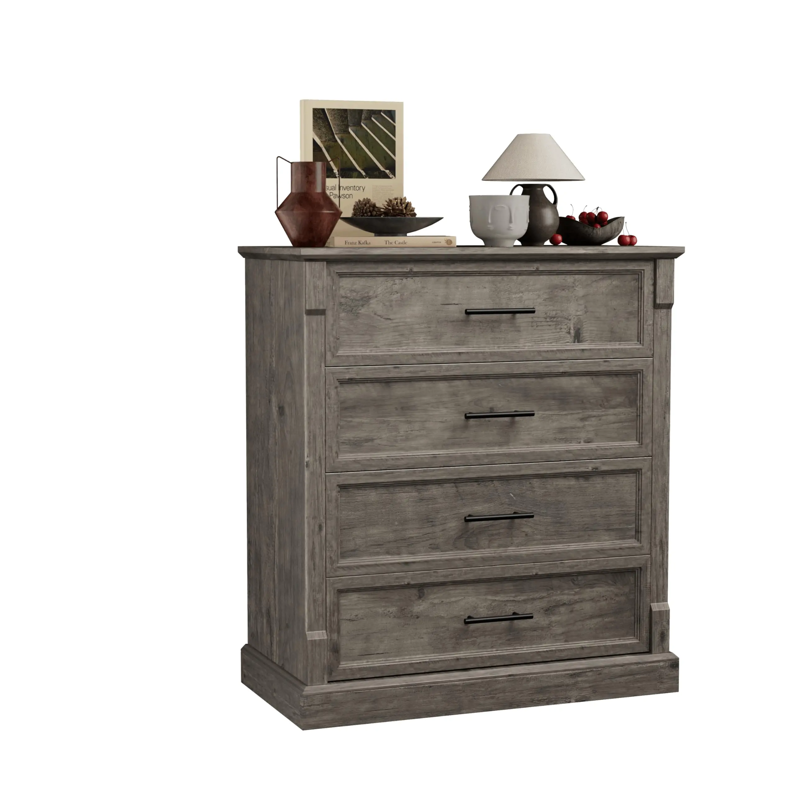 Farmhouse 4 Drawer Dresser for Bedroom, Tall Chest of Drawers with Metal Handles, Rustic Wooden Dresser TV Stand, for Living Room, Hallway, Grey