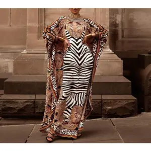Printed Plus Size Loose Robe with Batwing Half Sleeve V-Neck Long Skirt Casual Street Hip Hop Style All Over Print Zebra Dress for Women Spring Wear