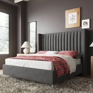 Queen/King Size Upholstered Platform Bed Frame With Tall Wingback Headboard, Velvet Fabric And Durable Frame, Easy Assembly, Noise-Free Support, No Box Spring Required, Cream