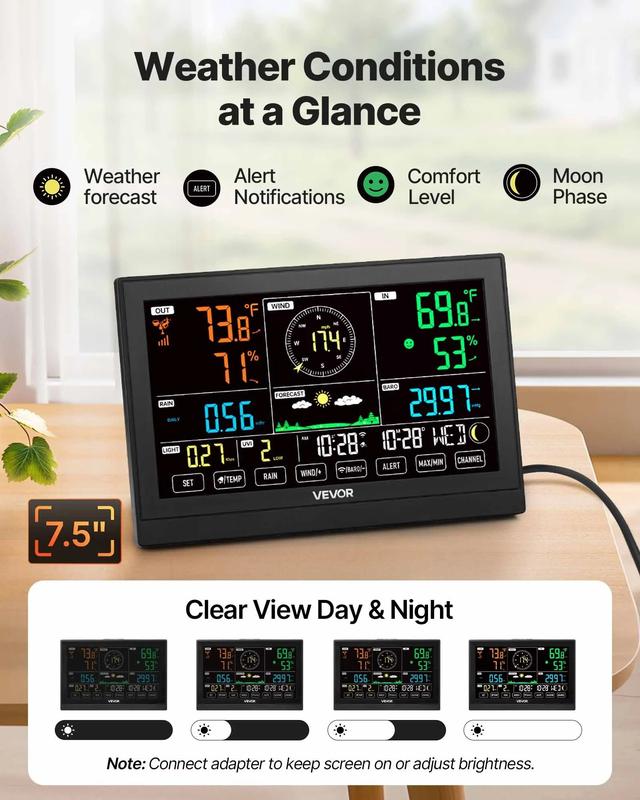 VEVOR 7-in-1 Wi-Fi Weather Station with APP, 7.5-Inch VA Display, Wireless Solar Powered Outdoor Sensor, Rain Gauge, Indoor Outdoor for Weather Forecast, Wind Speed, Temperature, Humidity, Rainfall