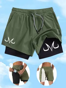 Men's Quick-Dry Printed Double-Layer Shorts with Pockets, Summer Fitness Running Gym Basketball Training Pants, Elastic Waist Belt Design