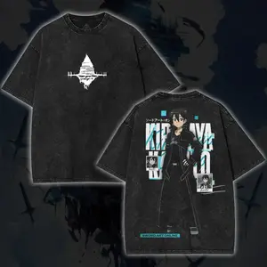 Sword Art Online Kirito Japanese Retro Vintage Unisex Oversized Anime Graphic Tee – Trendy Y2K Acid Washed Double Printed Cotton T-Shirt, Streetwear Casual Apparel Top, Outfits for Men, Manga Game Movie Lover Gift For Fans Merch
