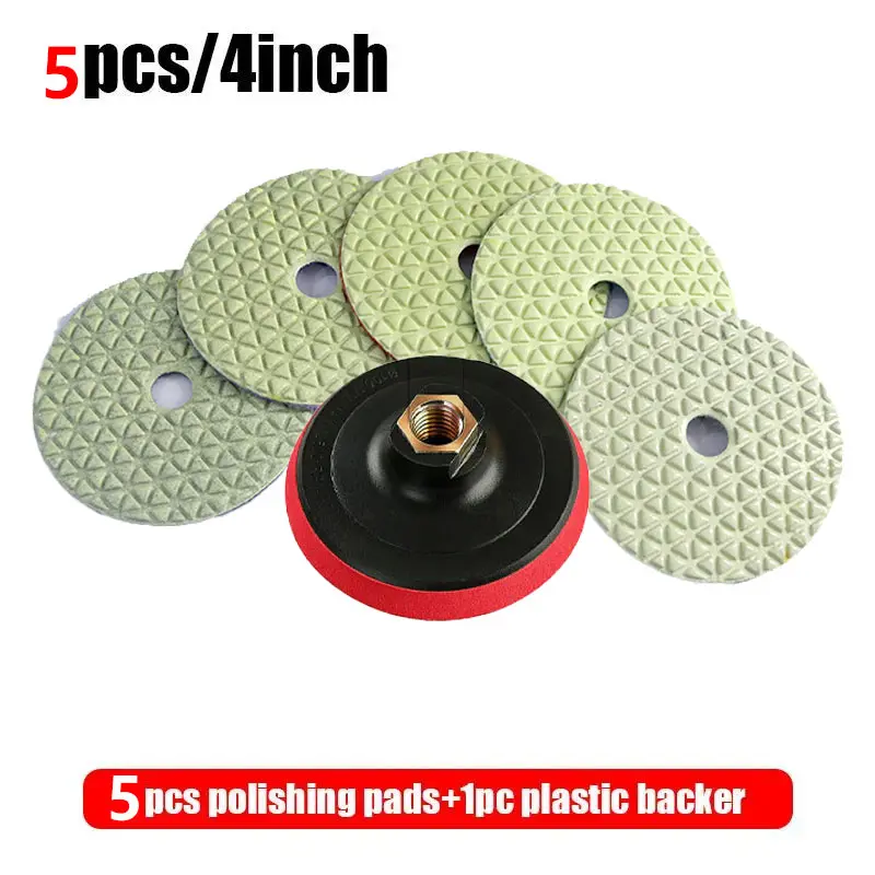 Huang Chang 4 Inch Diamond Polishing Pads with 5/8’’-11 Backer Pad, 5PCS Dry Granite Stone Polish Pad Kit for Drill, Grinder, Polisher, 1-5 Grit Polishing Pad for Concrete Marble Rock Countertop Quartz