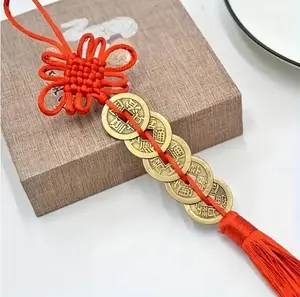 4pcs Red Chinese Knot with 5 Coins, Copper Feng Shui Wealth Success Lucky Charm, Classic Fabric Home Car Hanger Decor for Living Room, Office, Valentine's Day & New Year Gift