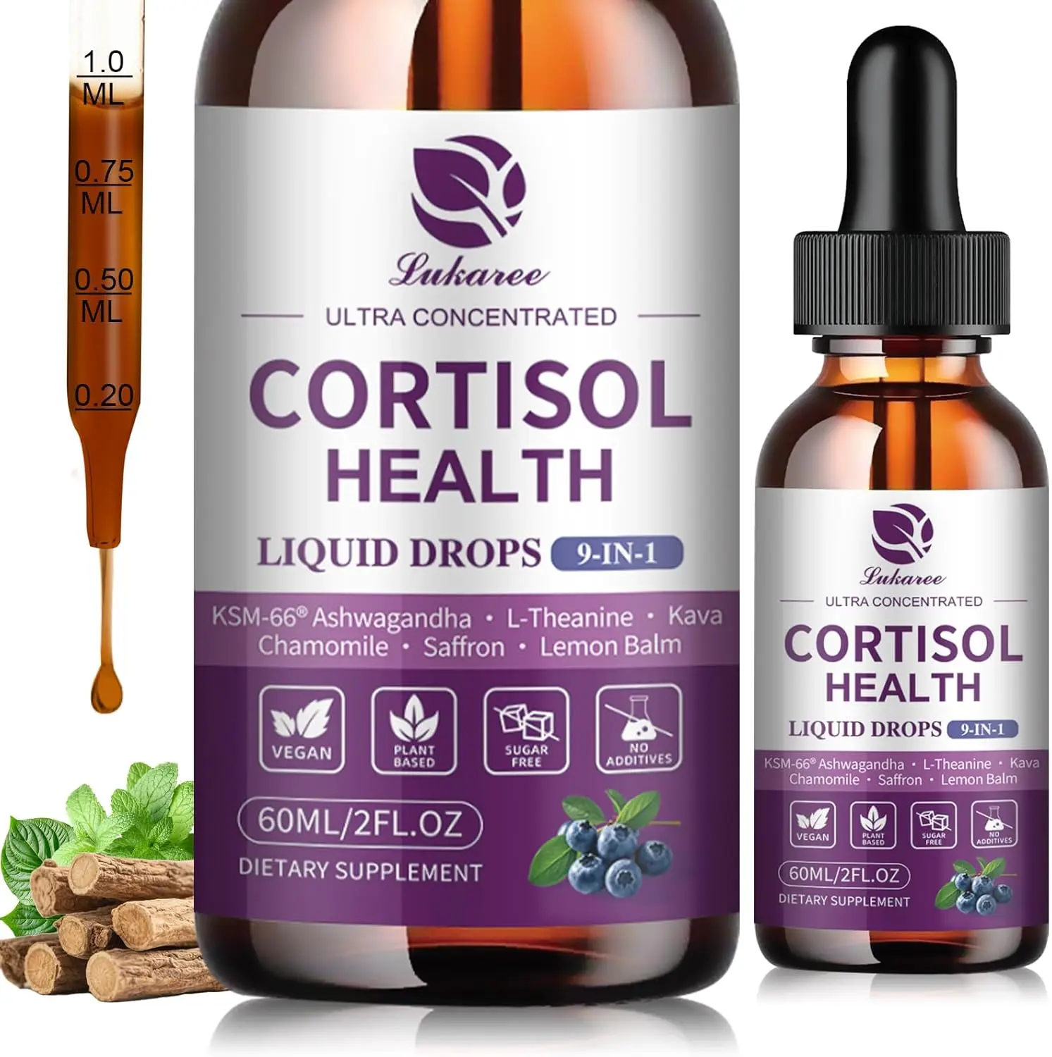 Cortisol Supplements for Women, Mood, Calm, Stress Balance, Hormone Harmony | 9 IN 1 Cortisol Reducer Liquid Drops with KSM-66Ashwagandha, Kava, Lemon Balm, GMP Certified, 2 FL.OZ, Blueberry Flavor