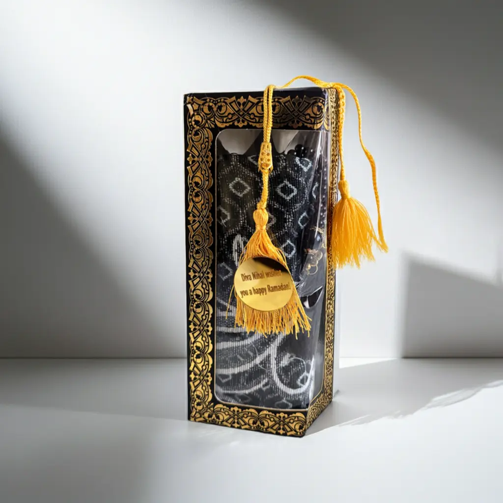 Unisex Islamic Prayer Set - 4-Piece Kit with Comfortable for Prayer Cotton Rug, Black Pearl Tasbih, Heartfelt Ramadan Kareem Greeting Card in Ornate Box for Special Occasion, Modest Devotional Gift