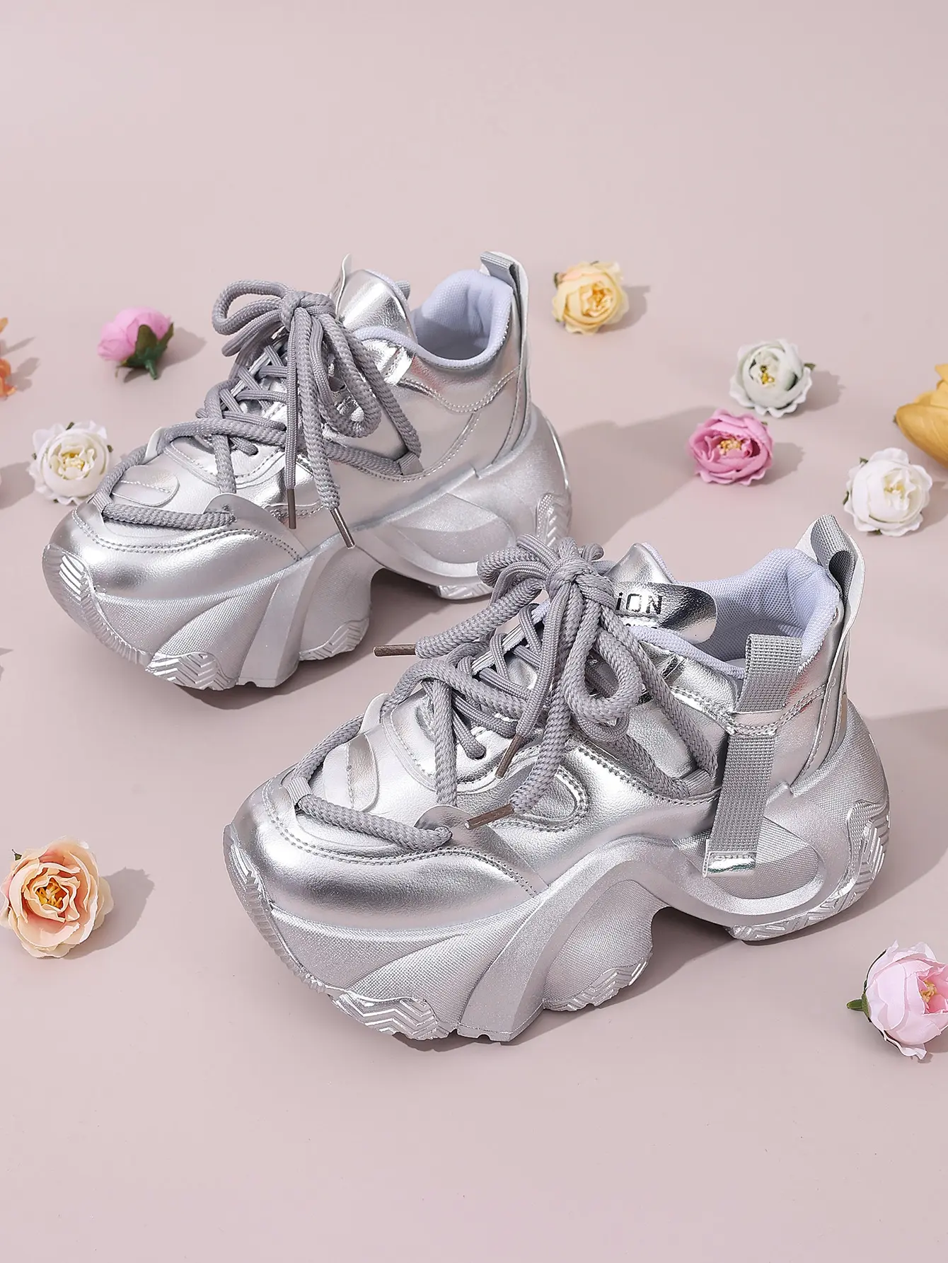AOPLUS Womens Metallic Silver Chunky Dad Sneakers. Y2K Cyberpunk Platform Retro Trainers With Multi Lace. Height Increasing Bubble Sole Footwear. Lightweight Futuristic Streetwear Athletic Shoes.