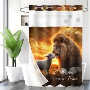 LVRLVR 1pc Luxury Style Warm Tone Lion and Lamb Pattern Polyester Double Layer Lined Shower Curtain 70.874 Inches/180188cm