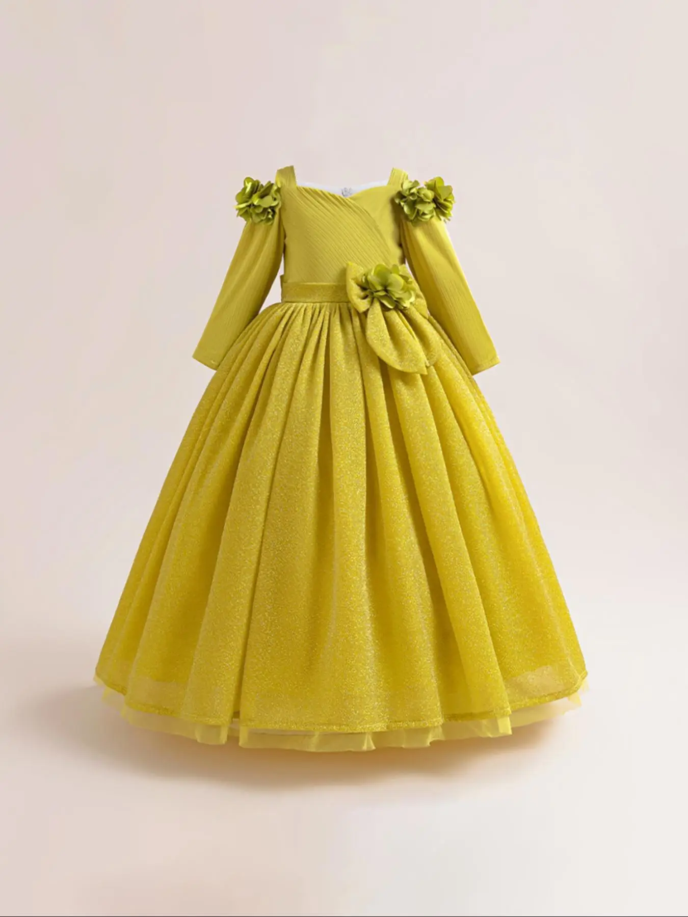 Girl's Glitter Bow Decor Dress, Elegant Cold Shoulder Dress for Party, Kids Clothes for All Seasons